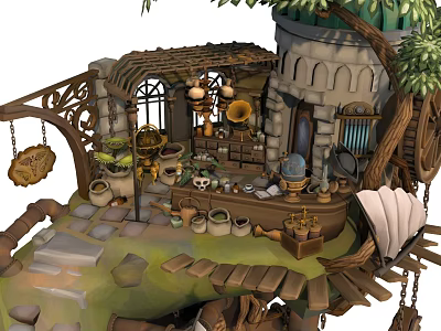 Cartoon Scene Of Fantasy Wooden Hut With Vines Shelves Pots And Hanging Decorations 3d model