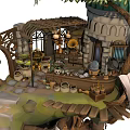 Cartoon Scene Of Fantasy Wooden Hut With Vines Shelves Pots And Hanging Decorations