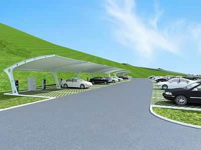 Eco Friendly Parking Lot With Green Hillside White Canopies Charging Stations And Parked Cars 3d model