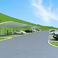 Eco Friendly Parking Lot With Green Hillside White Canopies Charging Stations And Parked Cars