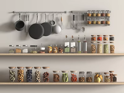 Organized Spice Jars On Kitchen Shelves With Hanging Utensils And Assorted Spices 3d model