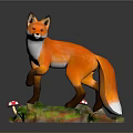 Vibrant Orange and White Fox Game Movie Character With Green Base And Red Mushrooms