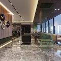 Elegant Modern Hotel Lobby Interior With Wooden Flooring Green Marble Wall And Leather Chairs