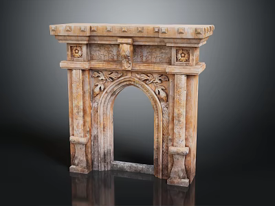 Ornate Stone Fireplace With Arched Opening Carved Details Side Pillars And Decorative Top 3d model