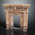 Ornate Stone Fireplace With Arched Opening Carved Details Side Pillars And Decorative Top