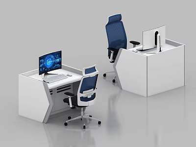 Modern Office Workstations With White Desks Blue Chairs And Computer Monitors 3d model