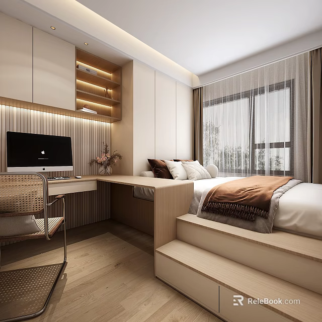 Modern Minimalist Tatami Bedroom With Platform Bed Computer Desk Storage Cabinets And Natural Light 3d model 