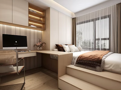 Modern Minimalist Tatami Bedroom With Platform Bed Computer Desk Storage Cabinets And Natural Light 3d model
