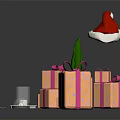Christmas Decorative Household Items With Gift Boxes Santa Hat And Green Tree Ornaments