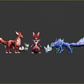 Colorful Fox And Dragon Like Fantasy Game Movie Character Models In Red White Pink Blue
