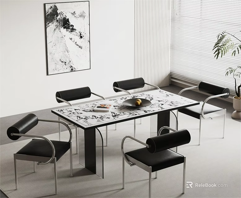 Modern Dining Table Set With Marble Top Black Leather Chairs And Metal Frame 3d model 