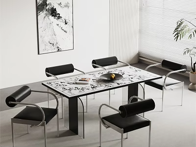 Modern Dining Table Set With Marble Top Black Leather Chairs And Metal Frame 3d model