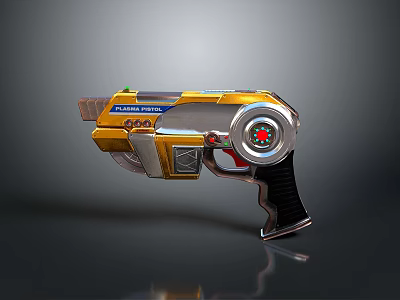 Futuristic Sci Fi Weapon With Gold Silver Metallic Body Circular Dial And Ergonomic Grip 3d model