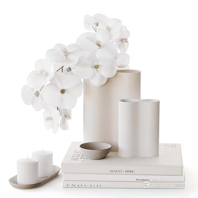 Elegant Decorative Ornament Set With White Orchids Striped Vases Candle Holders And Bowl On Books 3d model 