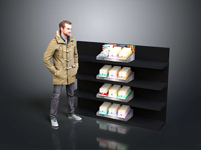 Black Multi tiered Storage Shelf With Various Packaged Items And Man Standing Next To 3d model