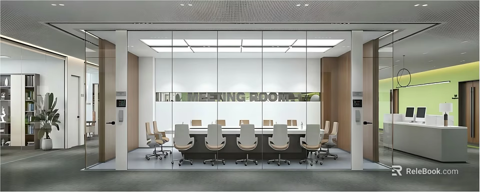 Modern Meeting Room Interior Design With Glass Walls Long Table Chairs And Lighting 3d model 