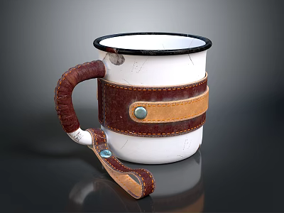 White Enamel Mug With Brown Leather Handle And Metal Rivet Detail 3d model
