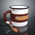 White Enamel Mug With Brown Leather Handle And Metal Rivet Detail