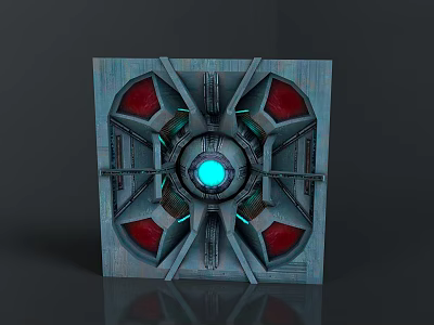 Futuristic Sci Fi Metal Panel With Central Blue Glowing Sphere And Red Fan Shaped Structures 3d model