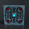 Futuristic Sci Fi Metal Panel With Central Blue Glowing Sphere And Red Fan Shaped Structures