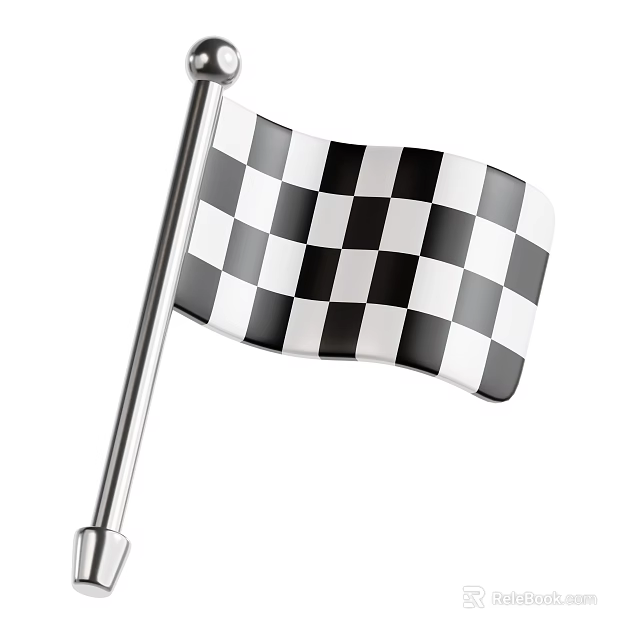 Decorative Ornament Set With Black White Checkered Flag And Silver Flagpole 3d model 