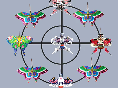 Colorful Butterfly Shaped Kites in Circular Arrangement with Intricate Patterns and Vibrant Designs 3d model