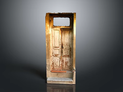 Vintage Wooden Door Structure With Worn Panels And Small Window Design 3d model