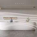 Modern Minimalist Curved White Office Reception Desk With Professional Receptionist And Elegant Potted Green Plants
