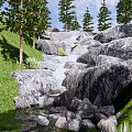 Scenic Park Landscape With Flowing Stream Rocks Lush Grass And Green Trees