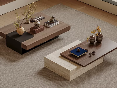 Modern Living Room Coffee Tables With Wooden Top Marble Base And Decorative Ornaments 3d model