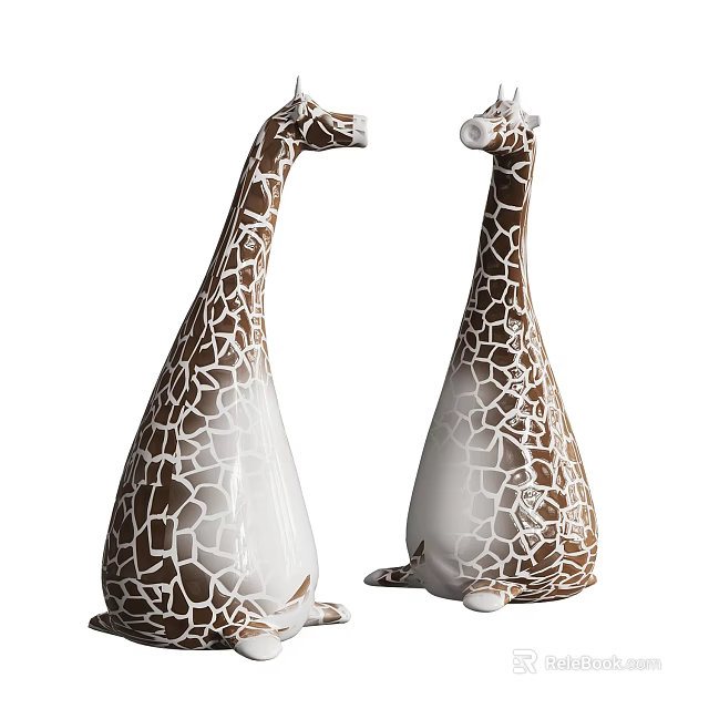 Two Decorative Brown And White Giraffe Figurines With Crackle Pattern In Sitting Posture 3d model