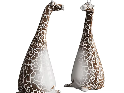 Two Decorative Brown And White Giraffe Figurines With Crackle Pattern In Sitting Posture 3d model