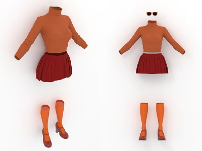 Orange Turtleneck Sweater Red Pleated Skirt With Orange Long Socks Brown High Heels And Sunglasses 3d model