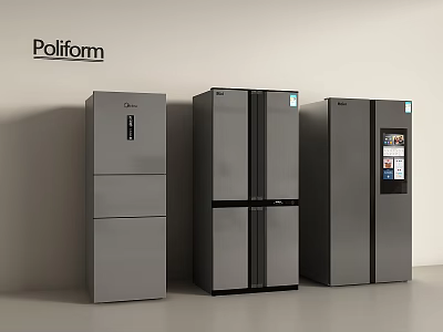 Three Modern Gray Midea Refrigerators With Different Styles And Digital 3d model