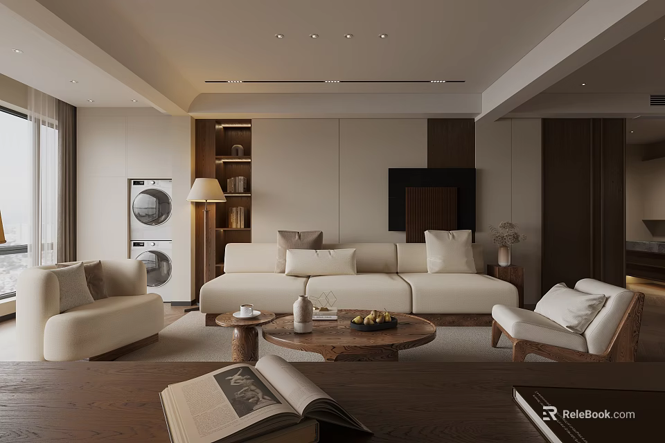 Elegant Modern Living Dining Room Interior With Beige Sofa Wooden Coffee Table And Decor 3d model 