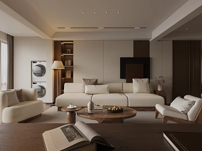 Elegant Modern Living Dining Room Interior With Beige Sofa Wooden Coffee Table And Decor 3d model