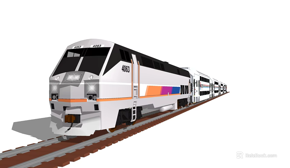 White Train with Orange and Blue Stripes Number 403 on Railway Track with Multiple Carriages 3d model 