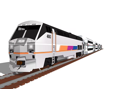 White Train with Orange and Blue Stripes Number 403 on Railway Track with Multiple Carriages 3d model