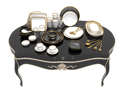 Luxury Dinnerware Set Featuring Black White Plates Cups Bowls with Gold Trim on Decorative Table 3d model