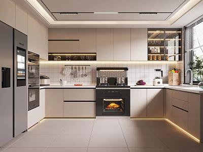 Modern Kitchen Interior With Light Colored Cabinets Built In Appliances And Natural Lighting 3d model