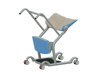 Medical Mobility Assistance Device With Beige Blue Supportive Seat And Gray Rolling Frame Wheels 3d model