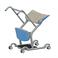 Medical Mobility Assistance Device With Beige Blue Supportive Seat And Gray Rolling Frame Wheels