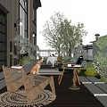Modern Courtyard Garden Landscape with Wooden Deck Outdoor Furniture and Green Plants