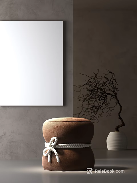 Brown Minimalist Single Seater Sofa In Grey Wall Room With White Artwork And Twig Plant 3d model 