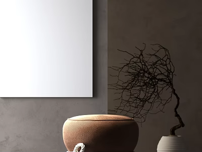 Brown Minimalist Single Seater Sofa In Grey Wall Room With White Artwork And Twig Plant 3d model