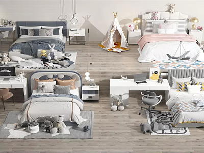 Cozy Kids Beds With Colorful Bedding Stuffed Toys Teepee And Nightstand Lamps 3d model