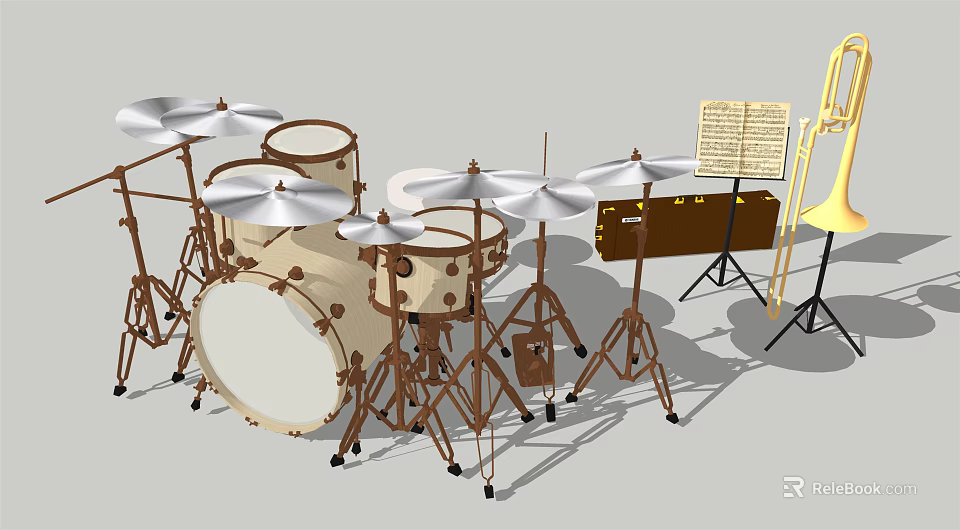 Percussion Music Instrument Setup With Drums Cymbals Music Stand And Sheet Notes 3d model 