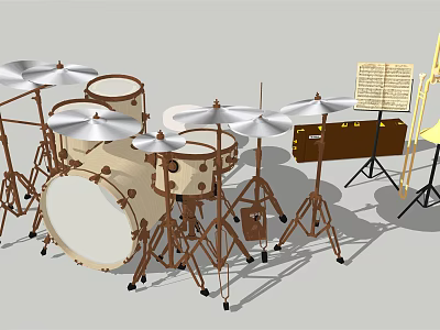 Percussion Music Instrument Setup With Drums Cymbals Music Stand And Sheet Notes 3d model