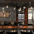 Industrial Restaurant Interior With Stone Wall Pendant Lights Wooden Tables Chairs Staircase And Plants