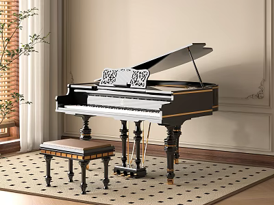 Elegant Black Grand Piano and Wooden Stool in Classic Living Room with Plants and Window 3d model
